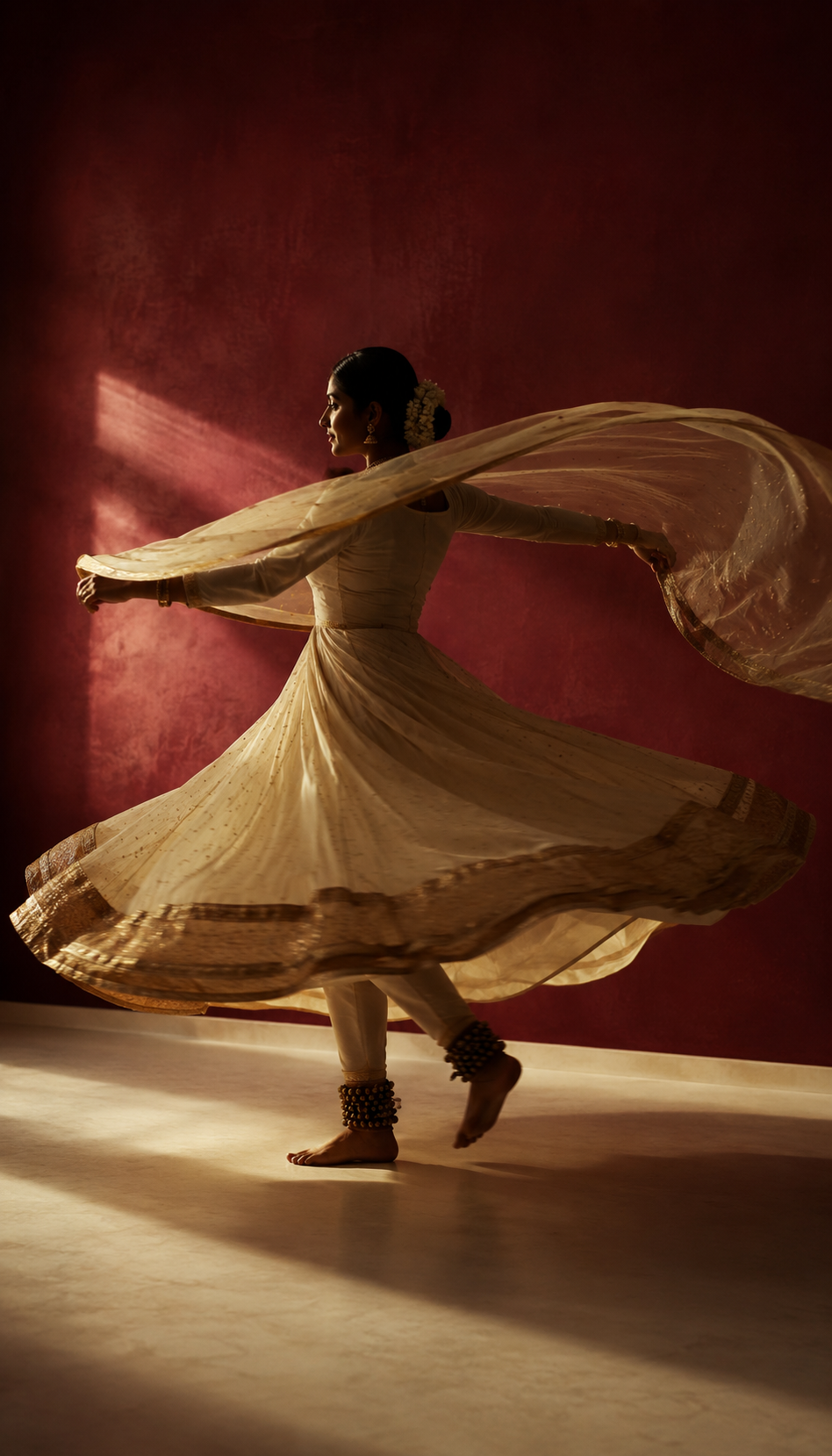 A dancer mid-twirl in a flowing cream Anarkali, dramatic side light against a deep maroon wall